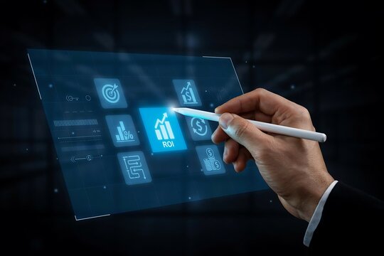Person's hand uses a stylus to interact with a cms icon surrounded by other business-related icons on a laptop screen.
