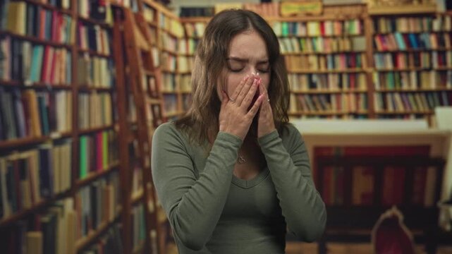 Woman in a library building standing before bookshelves, hands covering mouth and furrowed brow showing distress; academic anxiety.