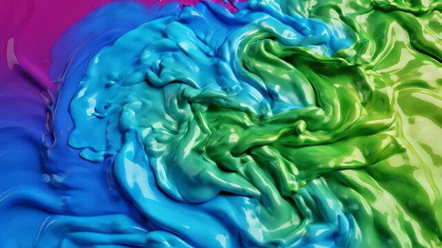 Vibrant Magenta, Blue and Green Paint Splashing in Slow Motion &ndash; Abstract Fluid Art Background