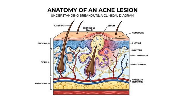 Medical diagram of human skin anatomy and acne lesion development