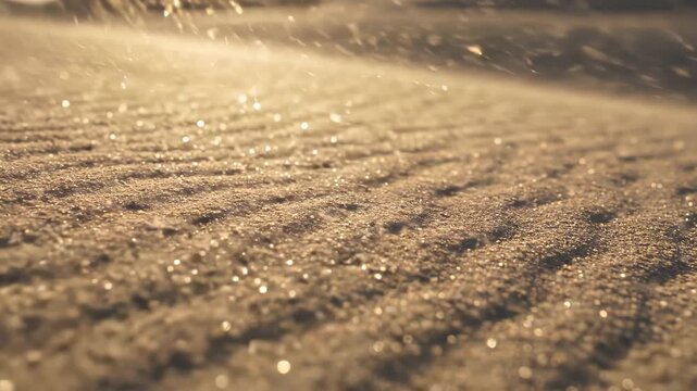 Close-up of wind-blown sand ripples shimmering in golden hour light, macro slow-motion detail