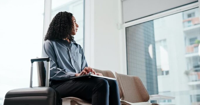 Businesswoman, travel or wait in airport lounge with laptop, thinking or flight delay for work trip. Impatient, person and finish task in departure terminal with computer, commute or job opportunity.