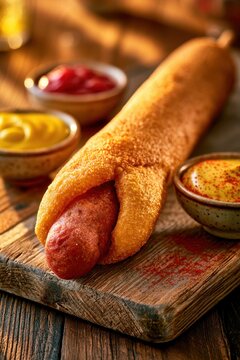 Crispy battered footlong corn dog served with mustard and ketchup at an outdoor picnic