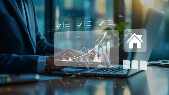 Businessman in modern office evaluating investment opportunities for property market analytics and housing sector growth supported by portfolio performance chart reporting and house icon