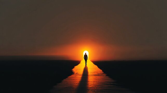 Silhouette figure walking towards a bright orange light at the end of a long, dark pathway