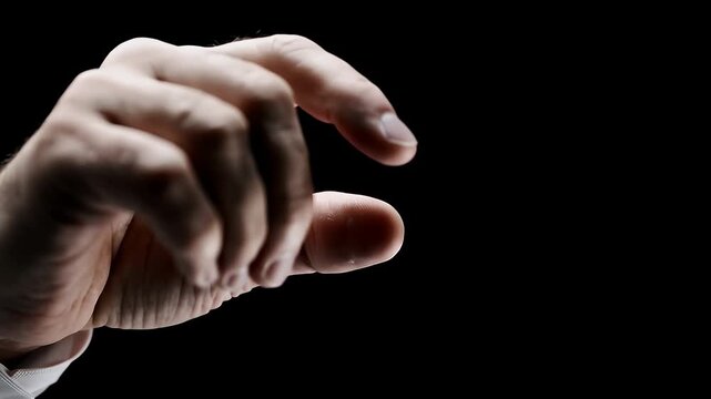 Close up of a hand making a pinching or measuring gesture against a dark background for business and communication concepts