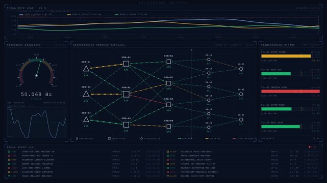 A digital twin network load dashboard visualizing an electrical grid and power distribution system with interactive elements and a cool navy color palette for technical analysis.