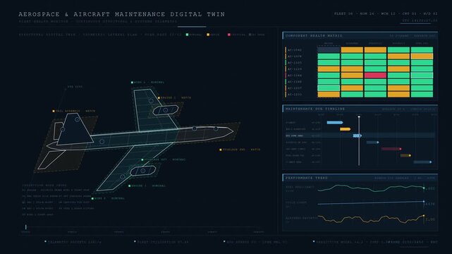 Digital twin technology visualizing the health status of a commercial aircraft fleet, showcasing an isometric aircraft wireframe and maintenance data panels in a cold blue palette.