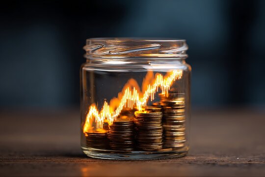 Financial growth concept with coins in a jar and an upward trending graph overlay, investment and savings.