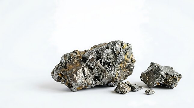 Raw metallic mineral ore specimen with shiny crystalline structure isolated on white background