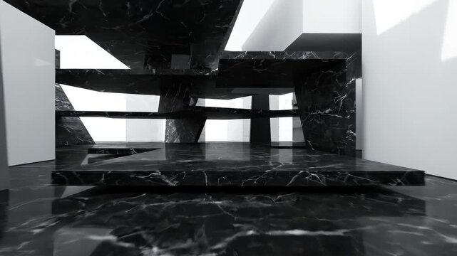 Abstract Modern Interior with Black Marble Floor and Geometric White Structures