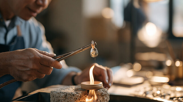 Silversmith's hands hold a half-finished pendant over a candle flame in a dimly lit workshop, close-up detail of silver tongs gripping molten drop above a clay mold, Thanksgiving