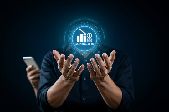 Businessman gestures with open hands near a glowing holographic icon indicating cost reduction and financial growth.