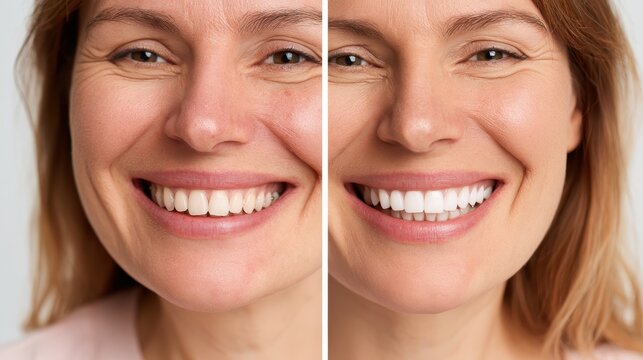 Dental transformation: close-up portrait of a female smile with braces journey from misaligned to aligned teeth