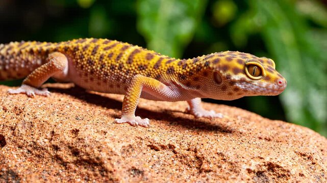 Close-up of a vibrant yellow and brown spotted gecko walking on a red rock with lush green background