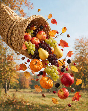 Dynamic action shot of a woven cornucopia floating in the air spilling fresh apples, pears, grapes, and pumpkins against autumn nature background. Thanksgiving concept.