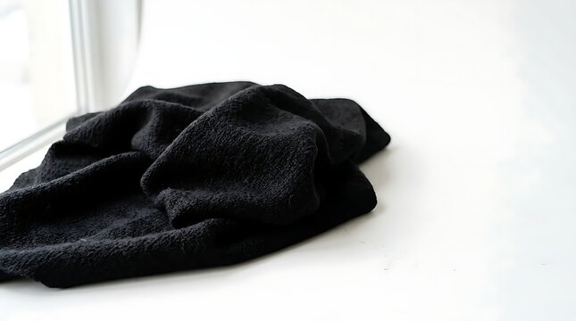 Crumpled Soft Black Microfiber Towel on White Background with Fabric Texture and Laundry Concept