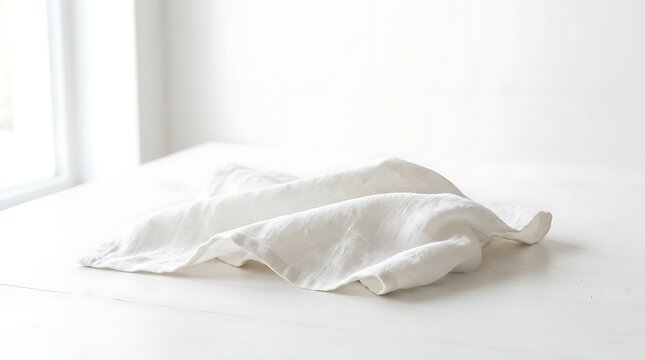 Minimalist Scene of White Crumpled Linen Fabric on a Bright Wooden Table with Natural Soft Lighting