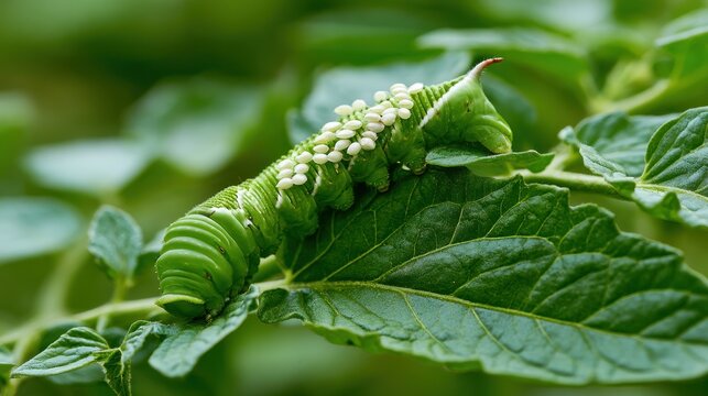 Detailed macro shot of a green caterpillar hosting wasp eggs on a tomato plant