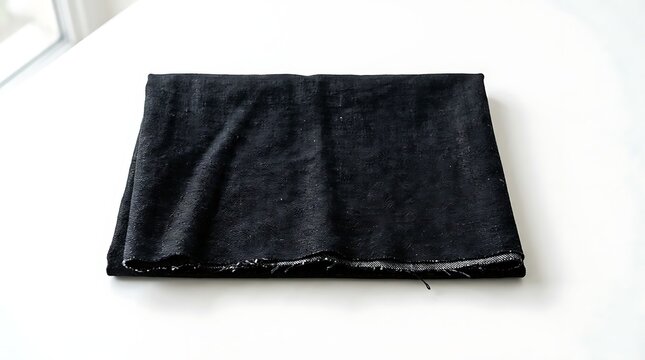 Top View of Neatly Folded Black Textured Fabric or Denim Textile Isolated on a White Background