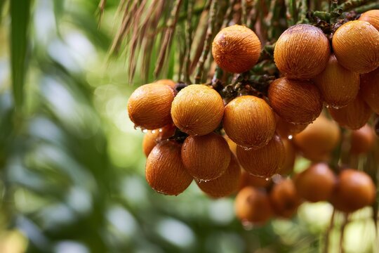 Detailed close-up of buriti fruit in its rainforest habitat, natural colors and dew on surface