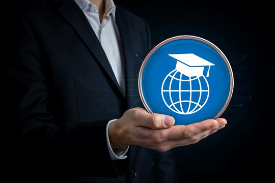 Man holds a circular icon representing global education with a graduation cap on the earth.