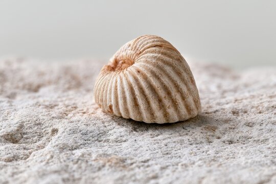Detailed still life of a brachiopod fossil showcasing shell texture and symmetry