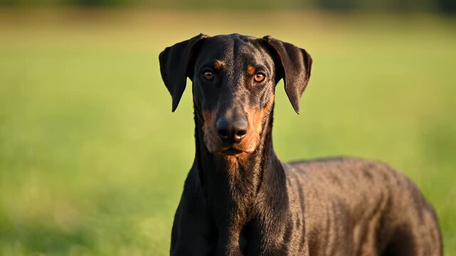 Doberman Pinscher standing alert in a sunlit green meadow, turning head toward camera