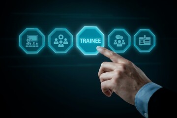 Obraz premium Person's finger selects the 'trainee' octagon from a row of illuminated digital icons representing training and development.