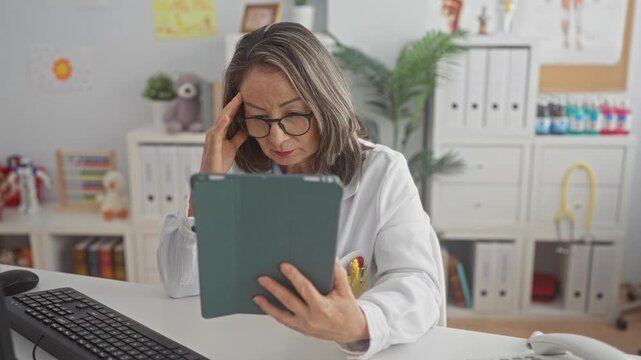 Hispanic woman doctor holding tablet and touching temple at desk in clinic building, wearing glasses and white coat while reading; concern compassion support.