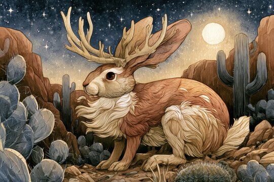 Dreamy jackalope with antlers under a starry desert sky