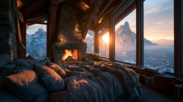 Cozy Luxury Cabin Bedroom with Fireplace and Mountain View