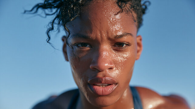 Sweaty Female Athlete Looking Intensely at Camera