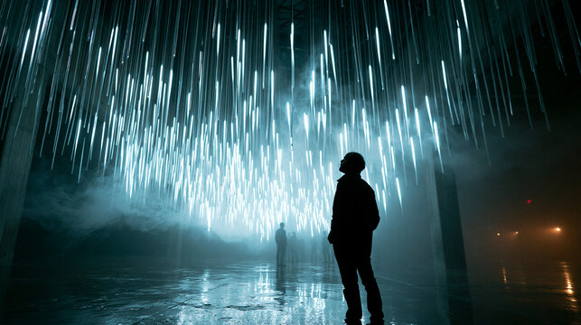 Man Looking at Immersive Hanging Light Art Installation