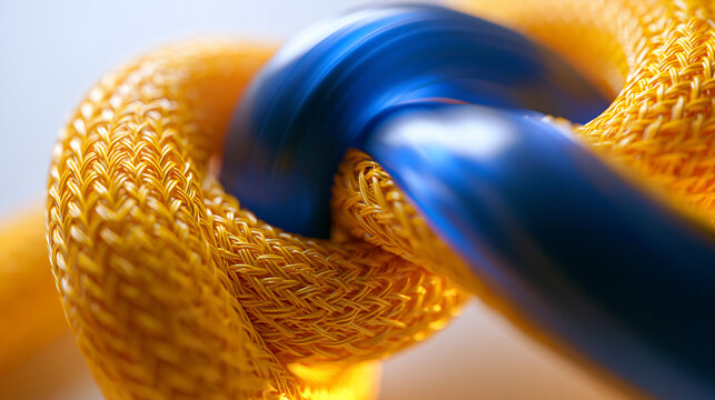 Yellow Rope and Blue Cable Tied Together in Strong Knot
