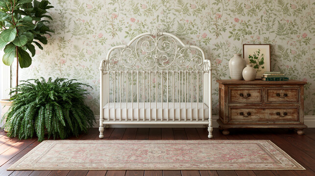 Vintage Baby Nursery Interior with White Wrought Iron Crib