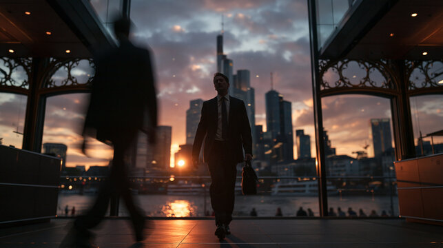 Executive Businessman Walking Through Modern Corporate Office at Sunset
