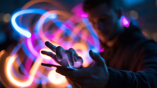 Man Using Smartphone with Abstract Futuristic Neon Light Trails