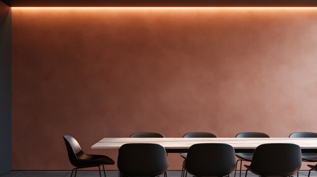 Modern Boardroom Interior with Terracotta Wall and Copy Space
