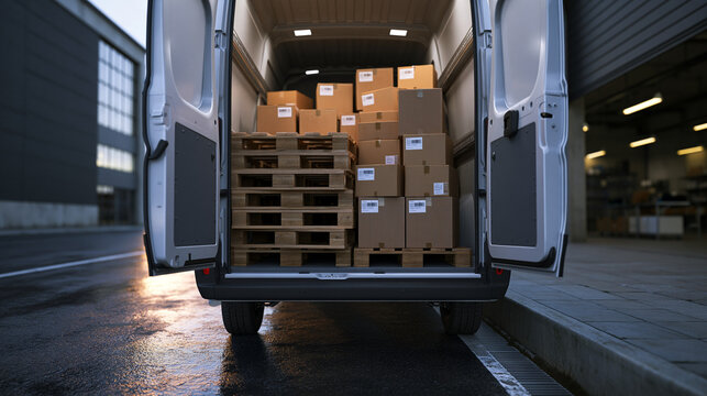 Open Delivery Van Loaded with Cargo Boxes and Pallets