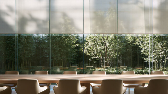 Modern Boardroom Interior Overlooking Lush Green Garden