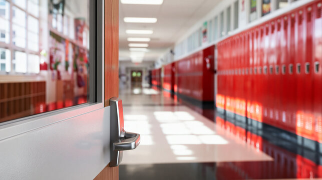 Empty School Hallway with Red Lockers and Classroom Door