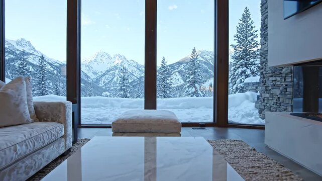 Modern Luxury Living Room with Panoramic Snowy Mountain View and Modern Fireplace