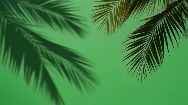 Palm tree fronds casting shadows on a vibrant green background, evoking a tropical atmosphere