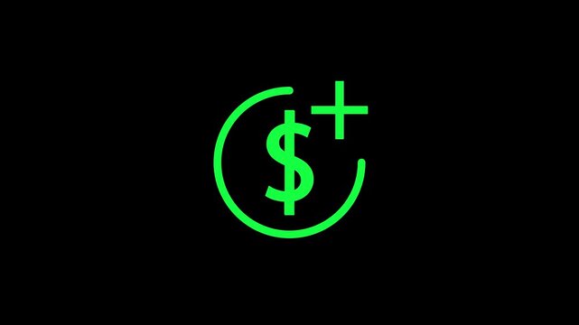 Minimalist bright green dollar sign plus symbol icon animation on black money