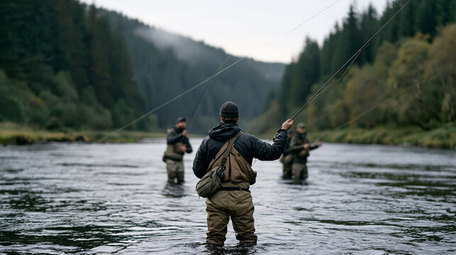 Scottish ghillie in full wading gear stands knee-deep in a rain-soaked highland river alongside a diverse three-person fishing party, fly rods arcing overhead, Thanksgiving week