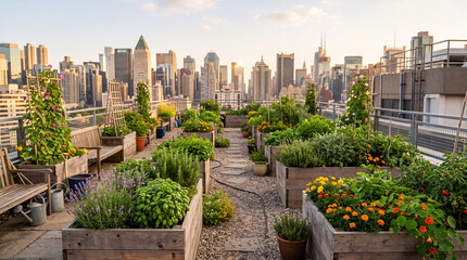 Fototapeta premium Urban Rooftop Garden with Wooden Planters and City Skyline