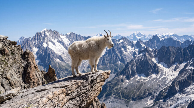Mountain Goat Standing on Rocky Cliff with Snowy Peaks