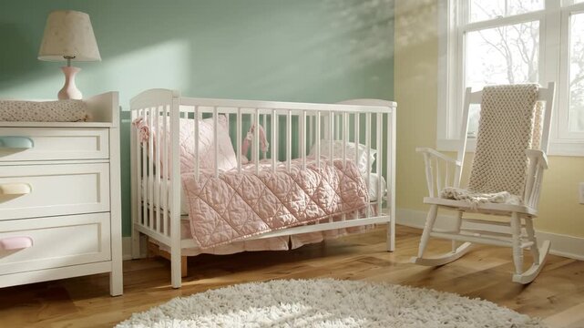 Serene Baby Nursery Room with Crib, Rocking Chair and Soft Sunlight Streaming Through Window