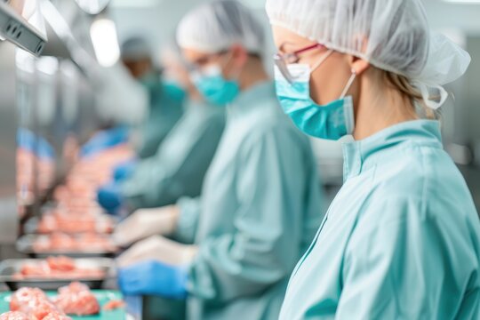 Cultured meat production line. Automated harvesting of cell-based protein, with workers overseeing quality control checks, packaging processes, and efficient factory operations in a sterile lab.